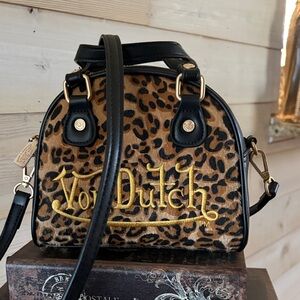 Von Dutch Leopard Mini Satchel in Black and Brown